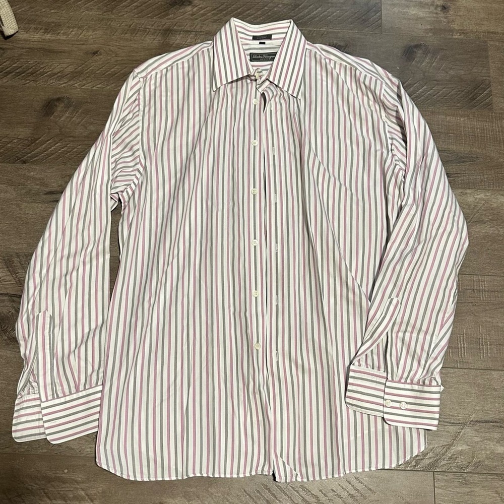 Salvatore Ferragamo Pink Grey Striped Dress Shirt Xl Nwot View 2